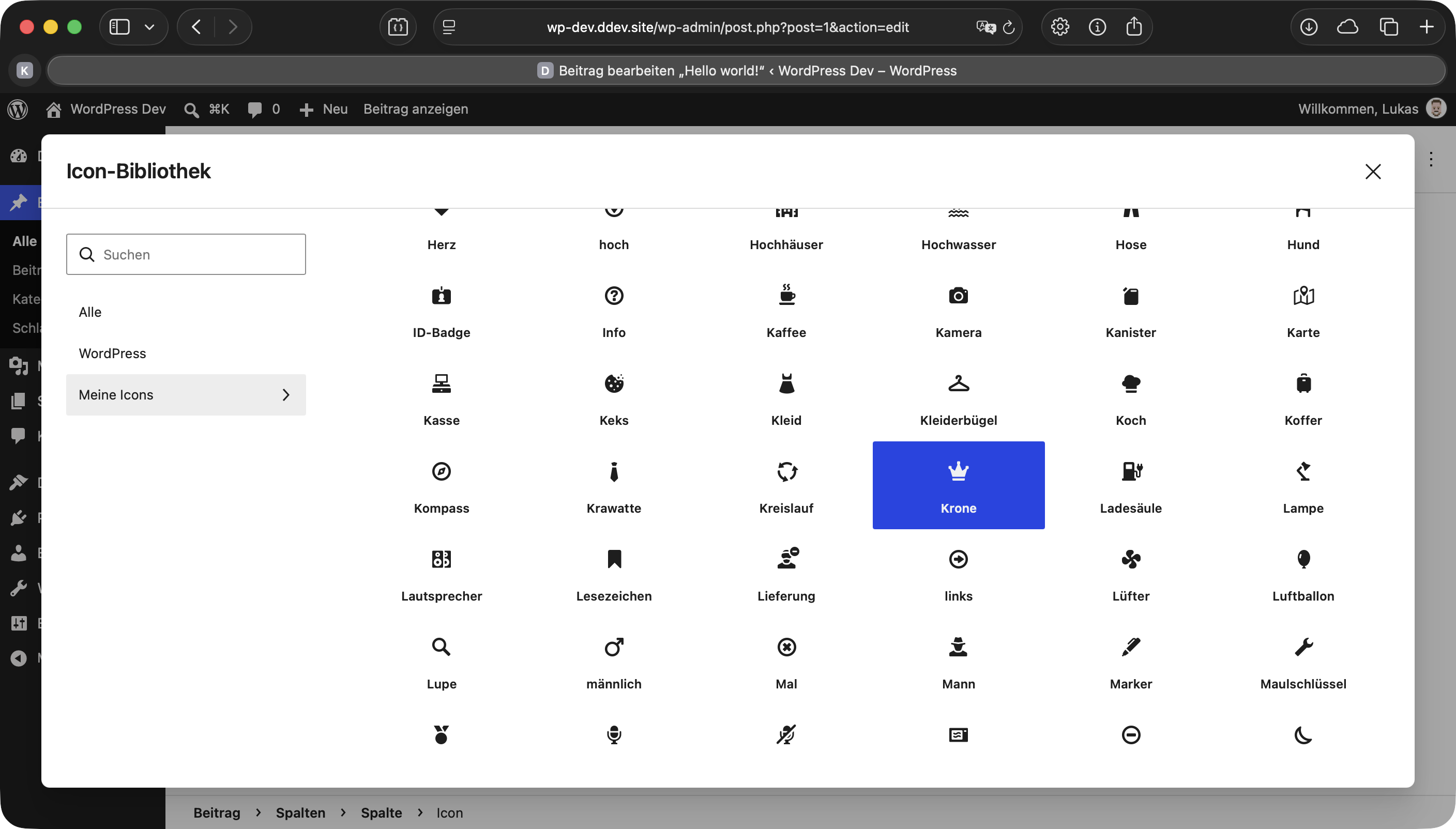 Screenshot der Icon-Bibliothek im Block-Editor von WordPress. Links sieht man die Liste der Icon-Sammlungen mit der eigenen Sammlung, die ausgewählt ist. Rechts werden die vielen Icons der Sammlung gezeigt.
