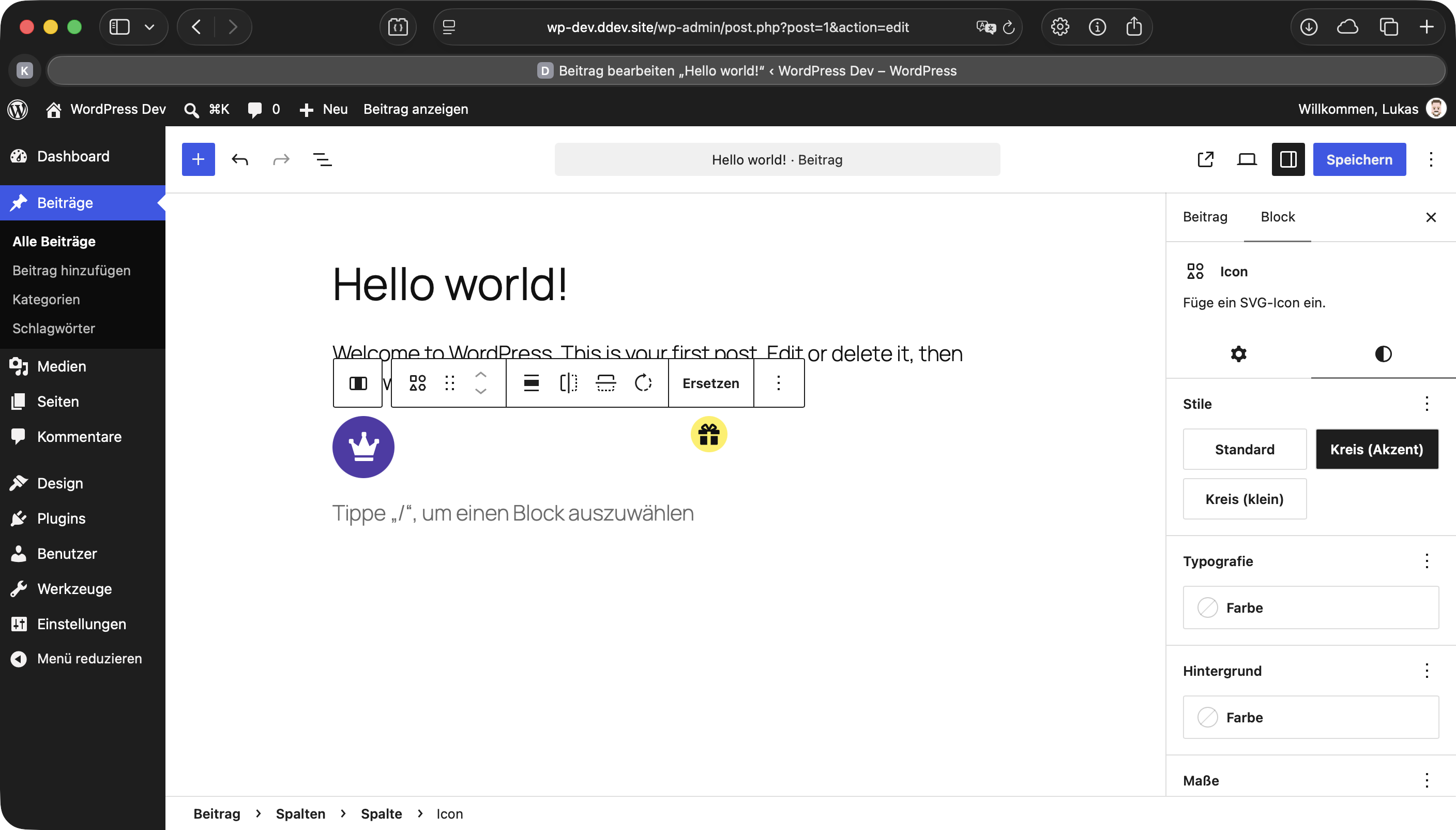 Screenshot des Block-Editors in WordPress. Man sieht zwei Icon-Blöcke in unterschiedlichem Design. Einer der beiden ist ausgewählt. Rechts in der Sidebar ist die Auswahl der Icon-Stile sichtbar.
